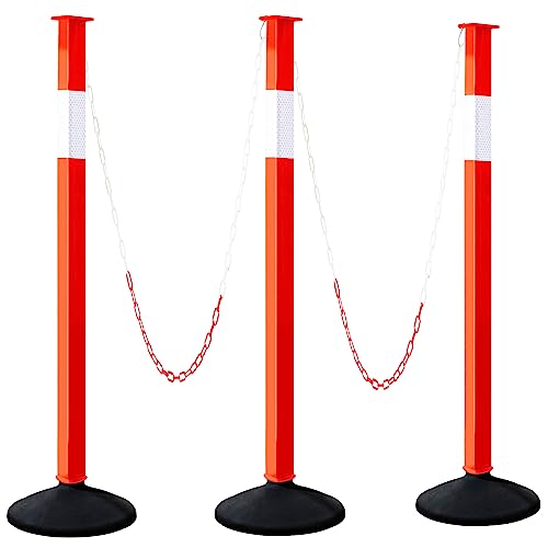 [3 Pack] Adjustable Traffic Delineator Post Cones with Rubber Weighted Base & Reflective Collars, Parking Safety Cones with 4 FT Plastic Chains -Orange Driveway & Parking Barrier（Patented）