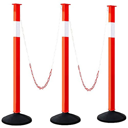 [3 Pack] Adjustable Traffic Delineator Post Cones with Rubber Weighted Base & Reflective Collars, Parking Safety Cones with 4 FT Plastic Chains -Orange Driveway & Parking Barrier（Patented）