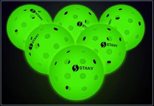STANY Glow-in-the-Dark Pickleball Balls, Luminous, USAPA Standard, Indoor/Outdoor, 40 Holes, Ultra Visible, Nighttime Play, Unique Gift for Pickleball Lovers –6 Pack, Glows Green