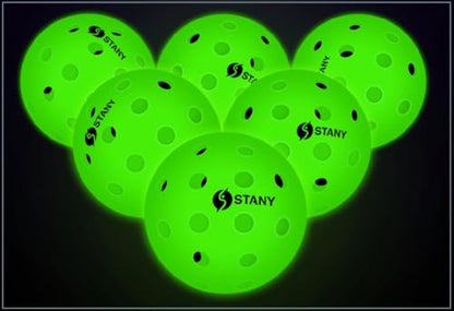 STANY Glow-in-the-Dark Pickleball Balls, Luminous, USAPA Standard, Indoor/Outdoor, 40 Holes, Ultra Visible, Nighttime Play, Unique Gift for Pickleball Lovers –6 Pack, Glows Green