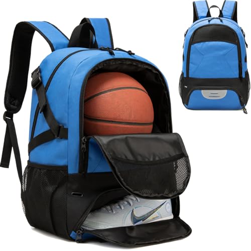 Basketball Backpack - Large Sports Equipment Bag with Ball Holder & Shoe Compartment for Basketball. (blue) - color: Blue