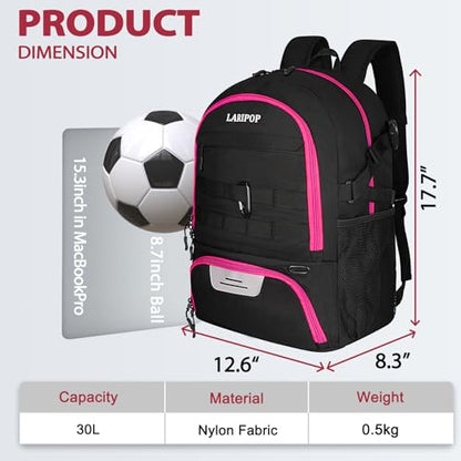 LARIPOP Soccer Backpack with Ball Holder & Shoe Compartment Large Capacity Youth Sports Bag for Training - color: Rose Red