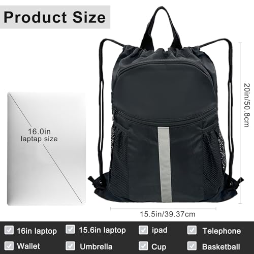 Drawstring Backpack with Shoes Compartment Waterproof Large String Cinch Beach Pool Bag for Swim Sports Gym(Black) - color: Black