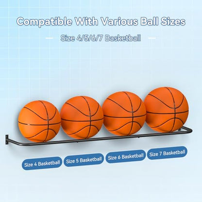 Ball Rack Wall Mount with 2 Separate Shelf, Basketball Holder Storage Wall Mount with 8 Ball Capacity, Garage Sports Equipment Organizer