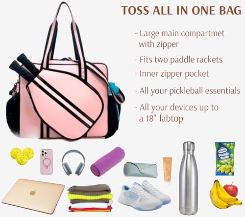 Pickleball Sports Tote Bag with Racket Holder, Neoprene, Adjustable Shoulder Strap - color: Pink