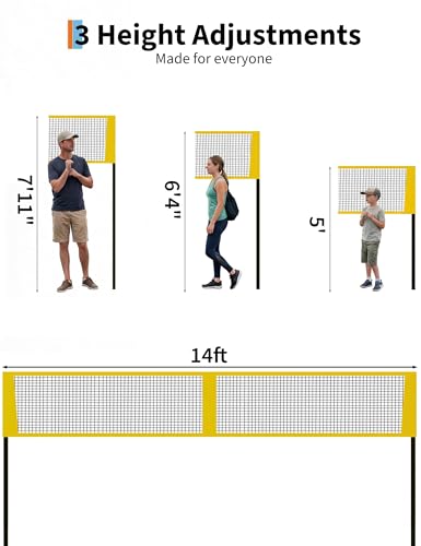 4 Square Volleyball Net Set with 3 Adjustable Heights, 14FT Cross PE System, Use in Backyard or Beach, Includes Ball, Pump, Carry Bag, Hammer, Outdoor Team Games, Black/Red - color: Yellow