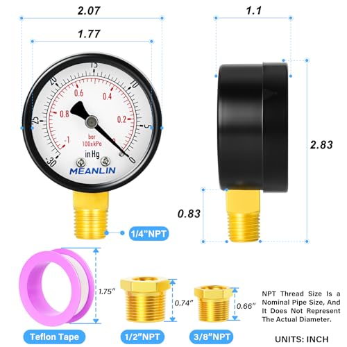 -30inHG~0Psi Dry Vacuum Pressure Gauge, 2" DIAL FACE 1/4" NPT WOG Water Oil Air Pressure Test, Lower Mount, with 1/2" NPT and 3/8" NPT Hex Bushing - size: -30inHG-0Psi, style: 1/4"NPT Lower Mount