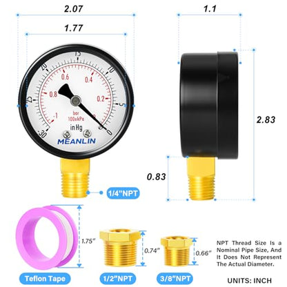 -30inHG~0Psi Dry Vacuum Pressure Gauge, 2" DIAL FACE 1/4" NPT WOG Water Oil Air Pressure Test, Lower Mount, with 1/2" NPT and 3/8" NPT Hex Bushing - size: -30inHG-0Psi, style: 1/4"NPT Lower Mount