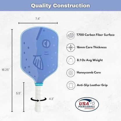 Funny Pickleball Paddles | USAPA Approved Paddle | T700 Carbon Fiber Surface | Propropylene Honeycomb Core | Non-Slip Cushion Grip | Single Paddle | High Grit & Spin | Fun Design - color: Fish