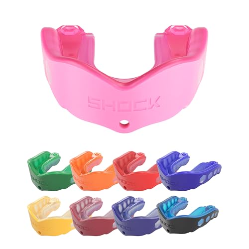 Shock Doctor Mouth Guard Sports, Hockey, Lacrosse, Baseball, Wrestling Moutguard, Gel Max Heavy Duty Protection & Custom Fit, Football Mouth Guard with Strap, Adult & Youth Mouthguard - color: Pink, size: Adult, style: Non-flavored