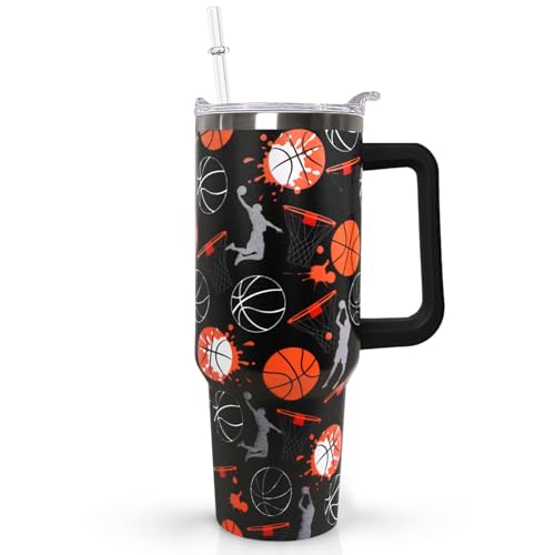Ceovfoi 40 oz Basketball Coffee Mug Cup Vacuum Insulated Travel Tumbler with Handle Lid and Straw,Basketball Coach Gifts,Accessories Stuff - color: Basketball