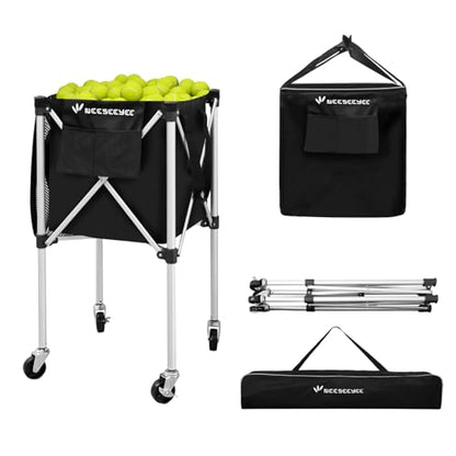 Sturdy Pickleball Tennis Ball Hopper - Foldable Lightweight Tennis Cart Holds 240 Tennis/180 Pickleballs with Removable Bag, Wheels, Side Pocket for Training/Teaching