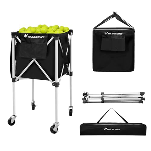 Sturdy Pickleball Tennis Ball Hopper - Foldable Lightweight Tennis Cart Holds 240 Tennis/180 Pickleballs with Removable Bag, Wheels, Side Pocket for Training/Teaching