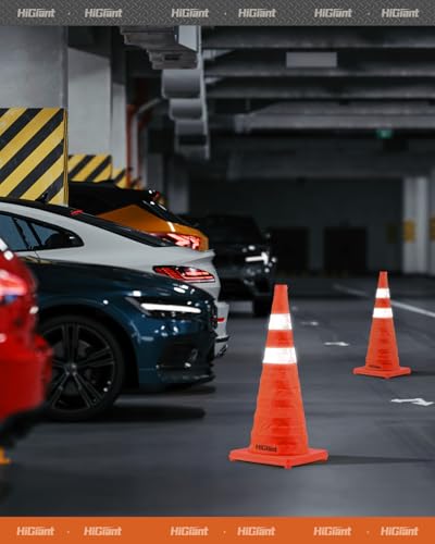 HiGiant [4 Pack] Collapsible Traffic Safety Cones 28 Inch, Orange Pop-up Cones with Reflective Collar, Caution Cones for Road Driving Practice and Parking lot