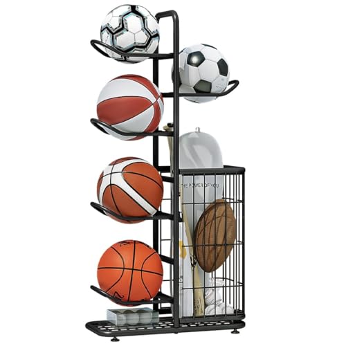 INGIORDAR Ball Storage Basketball Rack Organizer Sports Equipment Garage Stand 6 Tier for Football Volleyball Soccer Indoor Outdoor, Black