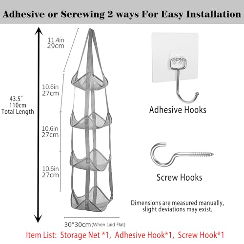 4-Tier Mesh Ball Storage Net Rack Organizer, Door or Wall-Mounted Vertical Ball Holder for Basketball, Soccer, Volleyball, Football, Space-Saving Sports Organizer for Garage, Home, Basement (Grey)
