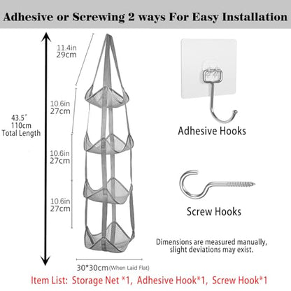 4-Tier Mesh Ball Storage Net Rack Organizer, Door or Wall-Mounted Vertical Ball Holder for Basketball, Soccer, Volleyball, Football, Space-Saving Sports Organizer for Garage, Home, Basement (Grey)