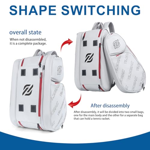 TILDOSAC 2-in-1 Detachable Pickleball & Padel Bag for Men Women | Thermal Foil Insulated Racket Compartment | Outdoor & Gym - color: Grey Red