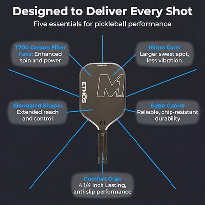 M1 Pickleball Paddles: USAP and PBCor.43 Approved, 16 MM, Elongated, Thermoformed, T700 Raw Carbon Fiber, Strong Power, Control, and Spin, Superior Paddle