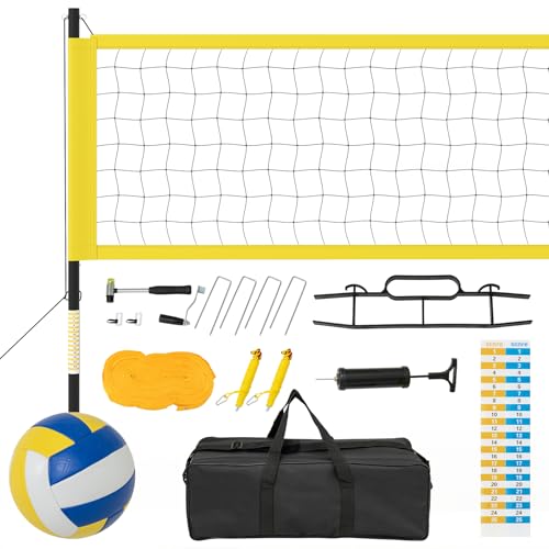 GYMAX Volleyball Net, Portable Volleyball Set with Adjustable Poles & Anti-Sag Design, Includes Beach Stakes, Scoreboard, Boundary Line and Carry Bag for Outdoor Backyard Beach Grass - color: Yellow
