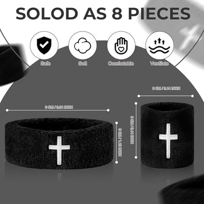 8 Pack Cross Embroidered Wrist Bands Bicep Bands Moisture Wicking, Machine Washable for Sports Stay Dry, Show Faith During Basketball, Football, Baseball, Gym, Running - color: Black