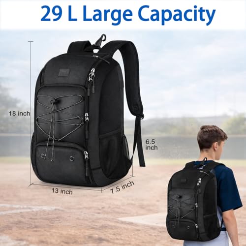 MATEIN Baseball Backpack, Softball Bat Bag with Shoes Compartment for Youth, Boys and Adult, Lightweight Baseball Bag with Fence Hook Hold TBall Bat, Batting Mitten, Helmet, Caps, Teeball Gear - color: Black, size: 29L
