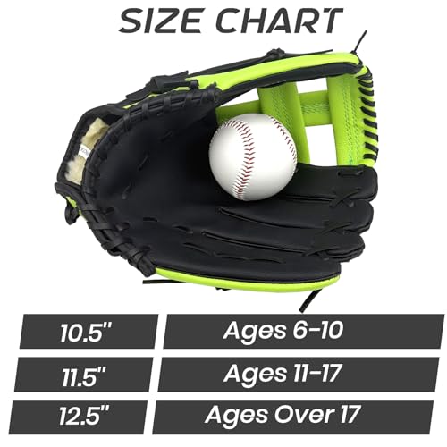 Baseball Glove, Softball Glove, Baseball Mitt, 10.5''-12.5'' for Youth Adult Training and Beginner Play, Synthetic Leather Outfield Mitts, Right Hand Throw - color: Black,Green, size: 11.5"