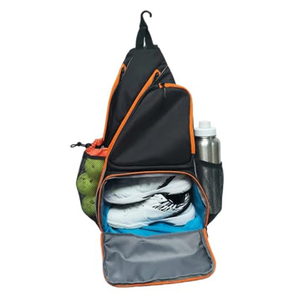 Pickleball Sling Bag with Shoe Compartment for Men Women, Professional 2-3 Paddle Backpack, Large Capacity Bag with 36oz Water Bottle Pocket & Fence Hook - color: Black/Amber