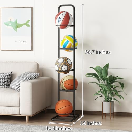 Vertical Ball Storage Rack - Adjustable 5-Tier Sports Organizer Stand for Basketball, Soccer, Volleyball and More（56.7inches） - style: 5-tier without Basket