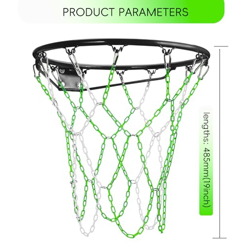 Basketball Net Heavy Duty Replacement,Carbon Steel Chain Basketball net, Anti-Rust Use Indoor Outdoor Standard 12 Loops Hoop - color: Green/White