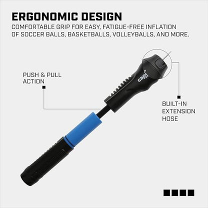 Capelli Sport Portable Air Pump, Dual Action Hand Ball Pump for Inflatables, Includes 2 Needles and Extension Hose, Great for Soccer, Football, and Basketball, Black/Blue