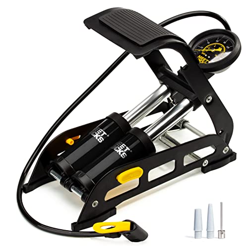 Double Cylinder Barrel Bike Foot Pump,160PSI Aluminum Body Floor Air Pump with Precisional Accurate Pressure Gauge Smart Valve Head for Presta Schrader & Deutschland Valve Bicycle Tire Pumps
