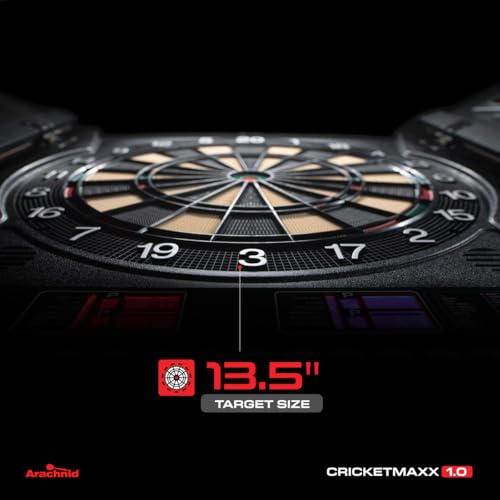 Arachnid CricketMaxx 1.0: 13.5” recreation size with wood cabinet. Features 34 games, 183 variations, 8-player LED X/O scoring, and Heckler mode. Integrated storage for darts and accessories