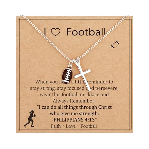 Gnamy Softball/Volleyball/Basketball/Soccer Necklace for Teen Girls Women, Gold/Silver Cross Pendant Sport Accessories Christian Religious Jewelry Gifts for Teens Kids Lovers - color: Silver, style: Football