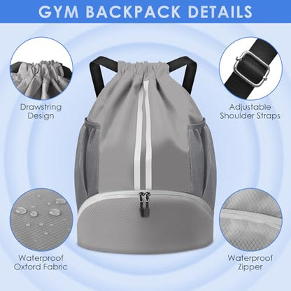 BROTOU Soccer Bags, Football Backpack, Volleyball Bag, Drawstring Backpack with Ball and Shoe Compartment, Football bags for Equipment Swim Gym Bag - color: Light Gray