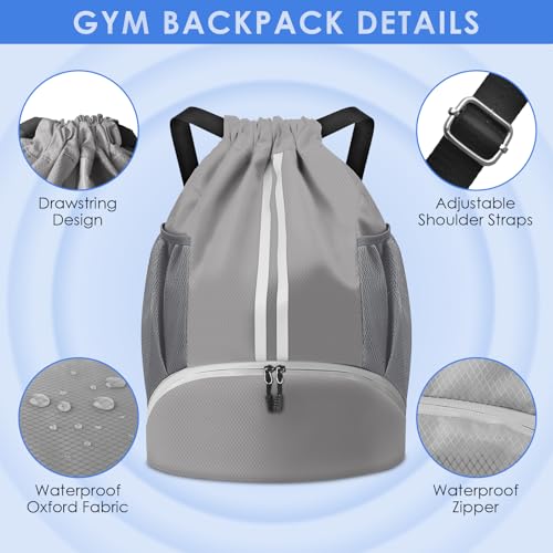 BROTOU Soccer Bags, Football Backpack, Volleyball Bag, Drawstring Backpack with Ball and Shoe Compartment, Football bags for Equipment Swim Gym Bag - color: Light Gray