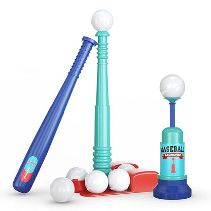 T Ball Stand for Kids and Toddlers 1-3, 3-5, 5-8. Baseball Set Includes 6 Large Balls, an Adjustable Tball Batting Tee, and a Pitching Machine. Kids Bat and Ball, T-Ball Sets for Kids - style: BLUE T BALL