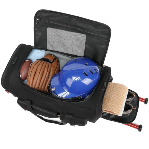 Large Baseball Duffle Bag Softball Backpack for Adult & Youth, 65L Spors Gym Duffel Equipment Bag with Shoe Compartment and Bat Holder, Catchers Gear Bag Fits Batting Mitten, Tball Gear, Helmet - color: Black