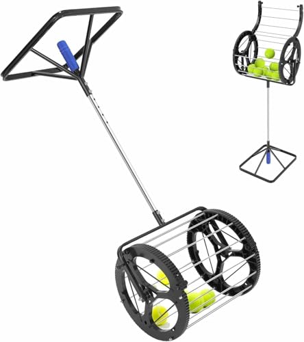 Automatic Tennis Ball Picker, 80 Balls Capacity, 2 in 1 Tennis Collector Basket with Adjustable Height, Rolling Ball Catcher with Handle, Portable Hopper for Gym Court, Club, School~/