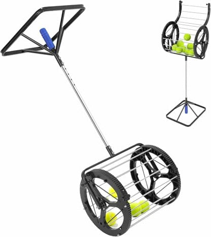 Automatic Tennis Ball Picker, 80 Balls Capacity, 2 in 1 Tennis Collector Basket with Adjustable Height, Rolling Ball Catcher with Handle, Portable Hopper for Gym Court, Club, School~/