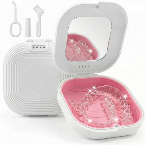 Retainer Case with Mirror, Aligner Case with Vent Holes for Invisalign, Portable Aligner Kit, Removable Silicone Liner, Orthodontic Storage Box Secure Magnetic Closure for Travel - White/Pink - color: WhitePink with Mirror