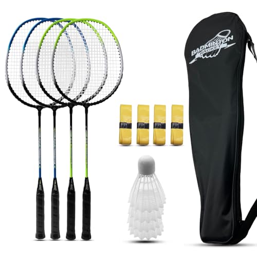 Magicorange Badminton Rackets Set of 4 for Outdoor Backyard Games, Including 4 Racquets,4 Shuttlecocks, 4 Replacement Grip Tapes & 1 Carry Bag - color: Blue+Green