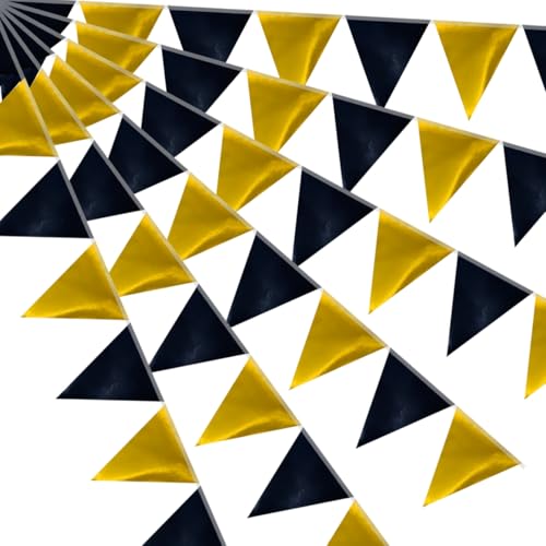 64ft Black Gold Triangle Pennant Banner Flag Metallic Paper Bunting Garland for Hanging Backdrop Birthday Party Decorations Graduation Bachelorette Bridal Wedding Baby Shower New Year Party Supplies - color: Black Gold