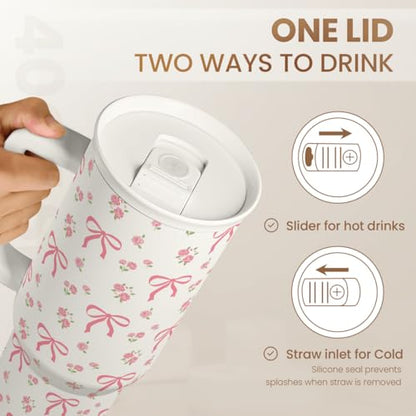 Bow Tumbler with Handle 40oz, Stainless Steel Insulated Tumblers Coffee Travel Cup with Slider Straw Lid, Gifts for Women Teen Girls Birthday - color: Bow