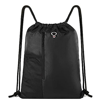BeeGreen Black Drawstring Backpack Gym Bag For Men Women String Sports Backpack With Water Bottle Mesh Pockets And 2 Zippered Pocket Large Cinch Sackpack Workout Bag 16" x 20" - color: Black, style: Drawstring With Mesh Pocket