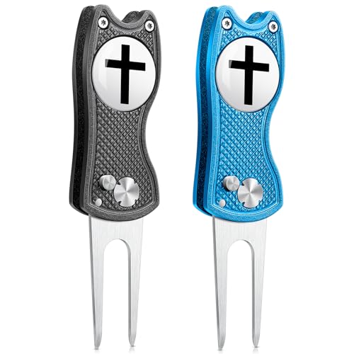 Golf Divot Repair Tool with Magnetic Ball Marker - Stainless Steel Foldable Divot Tool & Golf Divot Tool Featuring Cross Design for Faith-Based Golfers | Perfect for Greens Repair - color: Blue, Black