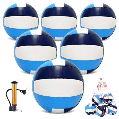Official Size 5 Volleyball Balls, Waterproof Soft Bulk Recreational Volley Balls with Pump and Net Bag for Beach Pool Sand Training for Beginner - color: Blue/6Pack