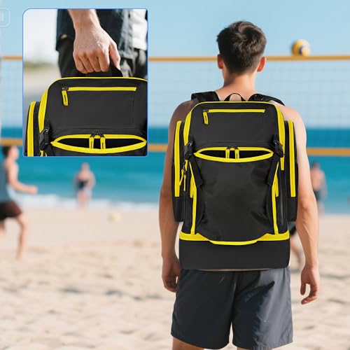 Volleyball Bag with External Ball Holder, Volleyball Backpack with Separate Shoe Space, Multiple Pockets and Adjustable Shoulder Strap for Soccer, Basketball and Gym Exercise - color: Black/Yellow