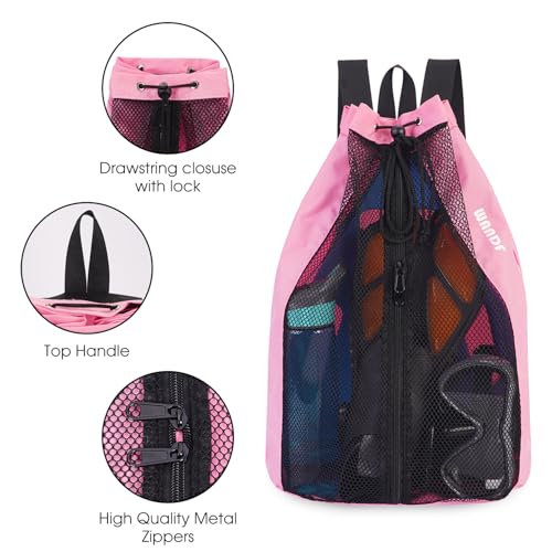 WANDF Swim Bag Mesh Drawstring Backpack Beach Backpack for Swimming, Gym, and Workout Gear - color: Pink With Wet Pocket