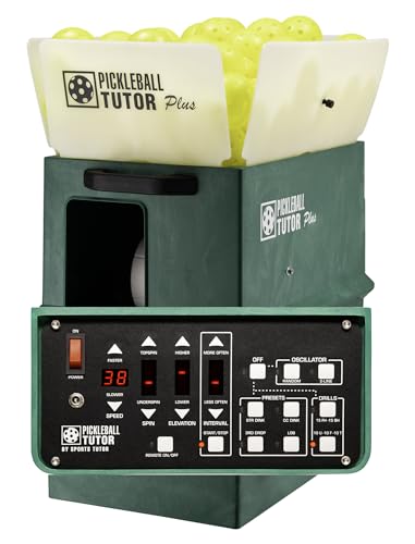 Pickleball Tutor Plus Ultra Model Ball Machine w/Multi-Function Remote. Variable TOPSPIN/Backspin. Speed 65 MPH. Includes PRESET Shots and Drills. Made in USA by #1 Pickleball Machine Company.